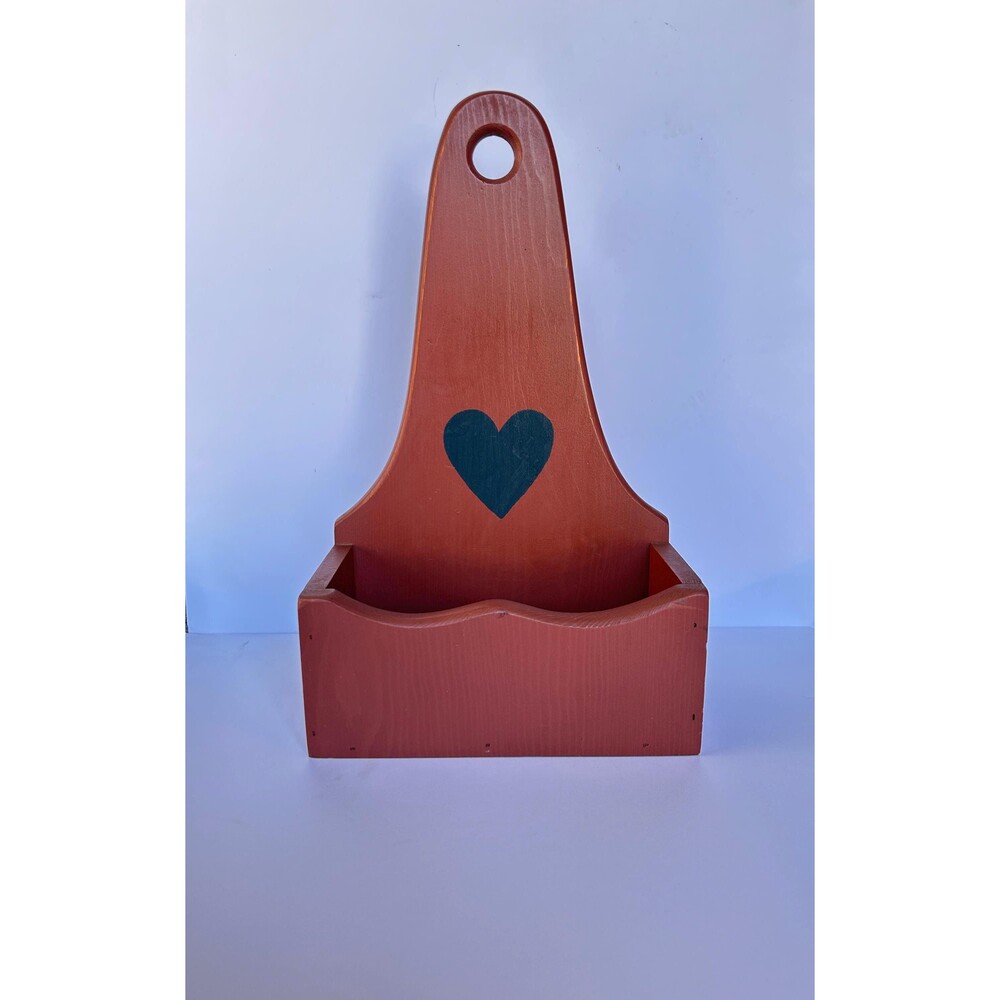 Vintage Wooden Wall Pocket Mail Organizer | Rustic Country Heart Hanging Basket